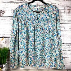 TIME AND TRU PLUS SIZE XL BLUE‎ FLORAL TOP SPRING SUMMER BLOUSE SMOCKED YOKE